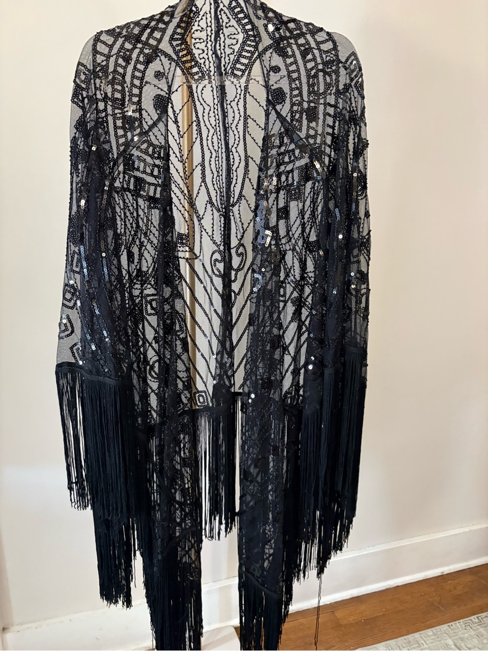 Black Beaded Fringe Sheer Wrap